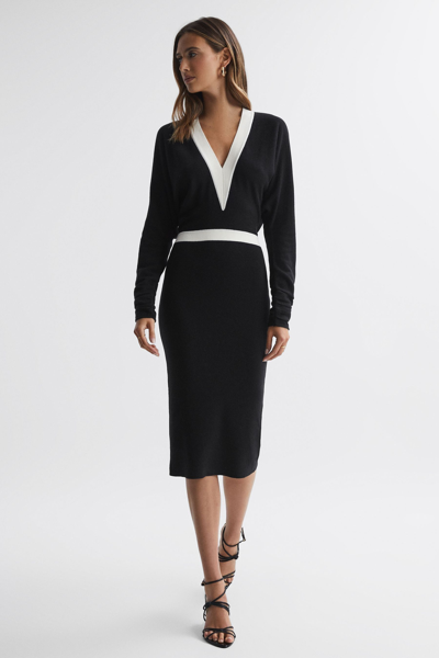 Reiss Jodie - Black/white Knitted Colourblock Midi Dress, Xs