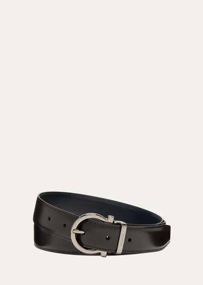 Ferragamo Men's Reversible Leather Gancio Belt In Nero/blue Marine