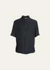 Saint Laurent Tonal Stripe Short Sleeve Silk Button-up Shirt In Nero