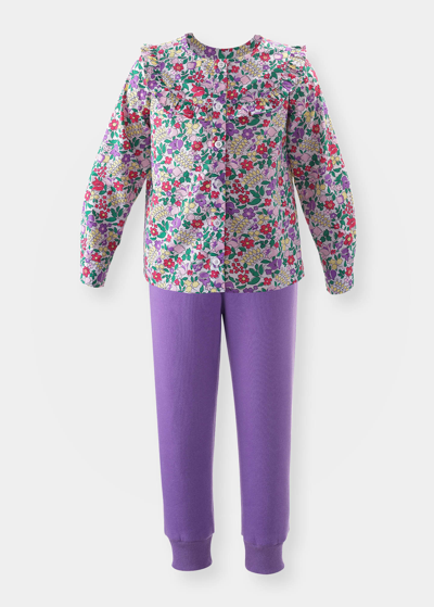 Rachel Riley Kids' Girl's Multicolor Floral-print Top W/ Joggers In Miscellaneous
