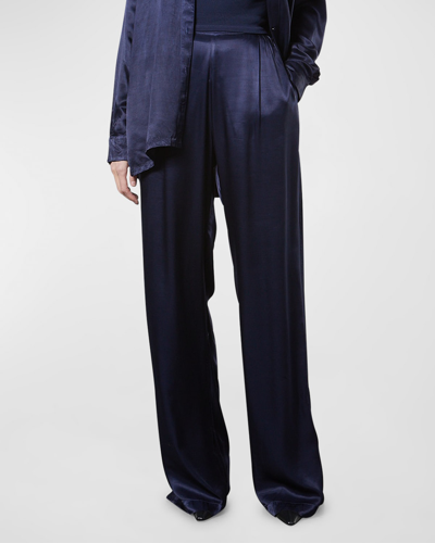 Enza Costa Pleated Satin Pants In Dark Navy