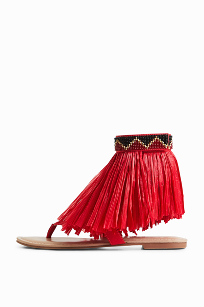 Desigual Stella Jean Fringed Flat Sandal In Red