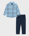 Andy & Evan Kids' Boy's Button Down Shirt W/ Bow Tie And Trousers Set In Lt Blue Plaid