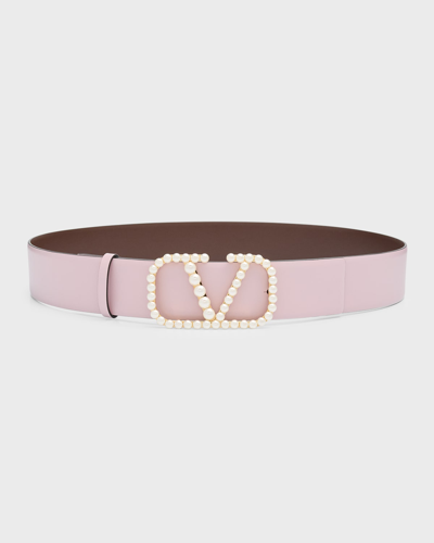 Valentino Garavani Pearly V-logo Leather Belt In Water Lilac Cacao
