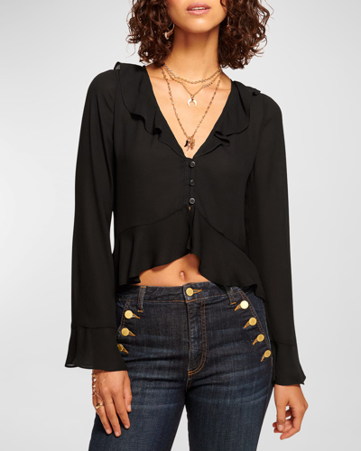 Ramy Brook Isabelle Button-front Ruffle-trim Blouse In Black
