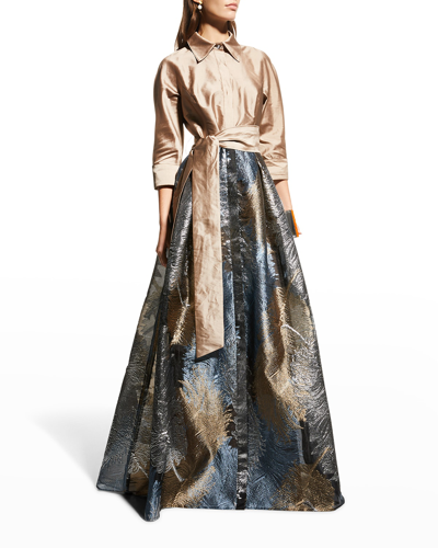 Rickie Freeman For Teri Jon Taffeta Shirtdress W/ Feather Metallic Jacquard In Gold Multi