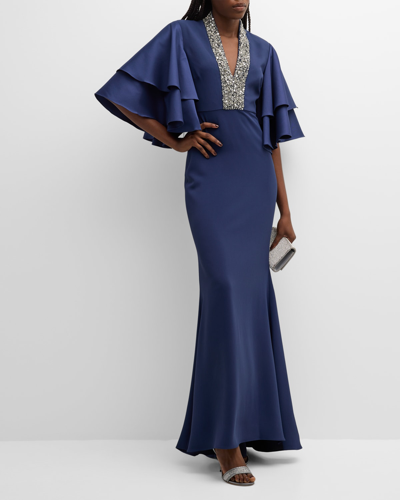 Badgley Mischka Jewel-embellished Tiered-sleeve Gown In Blue