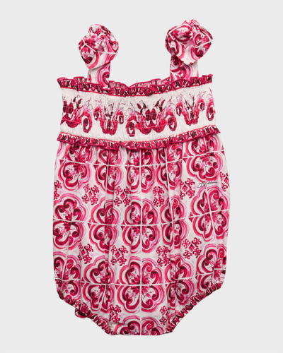 Dolce & Gabbana Kids' Girl's Maiolica Printed Bubble Romper In Tris Maioliche Fu