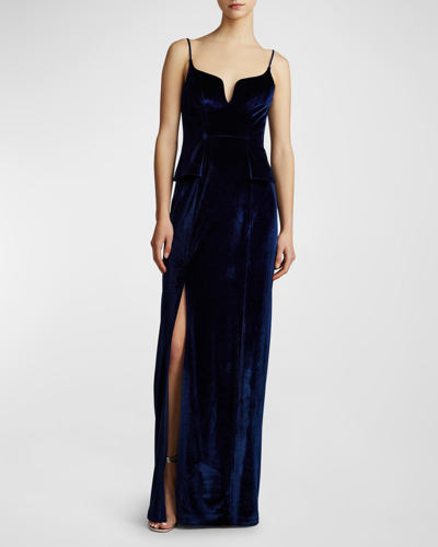 Zac Posen Sleeveless Side-slit Velvet Peplum Gown In Dark Navy-402