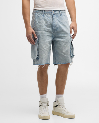 Purple Men's Distressed Denim Cargo Shorts In Light Indigo