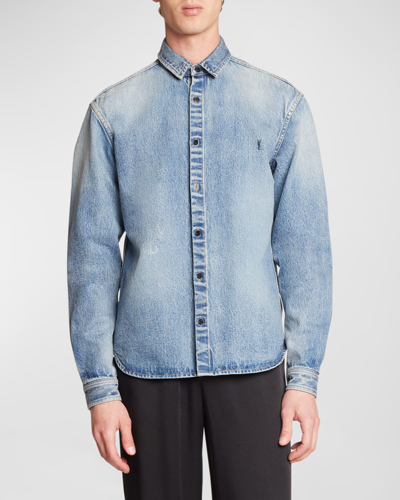 Saint Laurent Distressed Western Denim Shirt In Blue