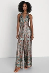 LULUS DIVINE WANDERINGS TEAL GREEN SCARF PRINT SATIN WIDE LEG JUMPSUIT