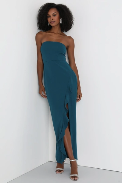 Lulus After Hours Blush Teal Blue Strapless Ruffled Maxi Dress