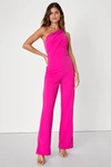 Lulus Devoted To Fun Hot Pink One-shoulder Sleeveless Jumpsuit In Hot Pink