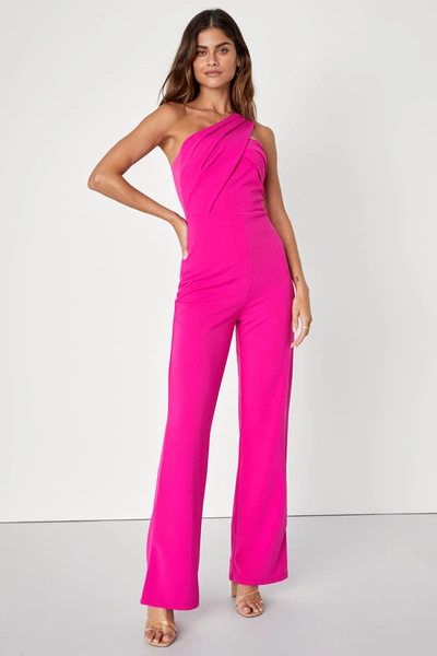 Lulus Devoted To Fun Hot Pink One-shoulder Sleeveless Jumpsuit