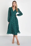 Lulus Evening Of Elegance Emerald Green Floral Jacquard Wrap Dress In Emerald Green