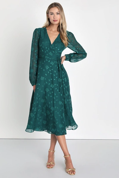 Lulus Evening Of Elegance Emerald Green Floral Jacquard Wrap Dress