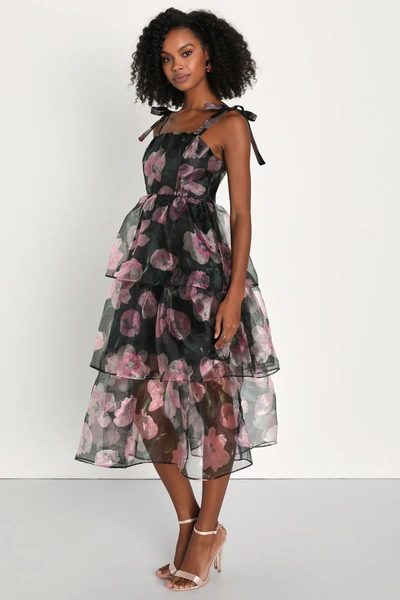 Lulus Valiant Charmer Black Floral Print Tie-strap Tiered Midi Dress
