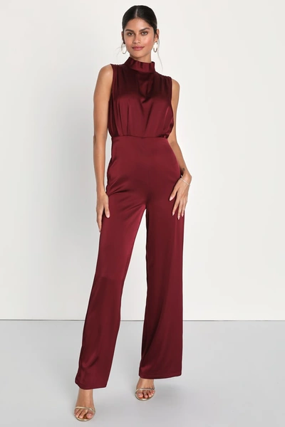 Lulus Classic Elegance Wine Red Satin Sleeveless Mock Neck Jumpsuit