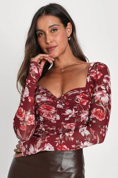 Lulus Absolutely Thriving Burgundy Floral Mesh Ruched Bodysuit