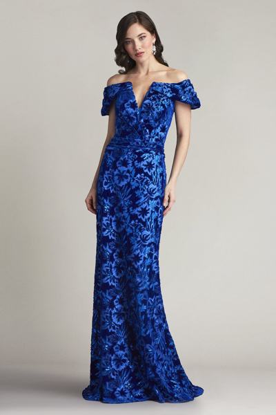 Tadashi Shoji Georgina Burnout-gown In Blue