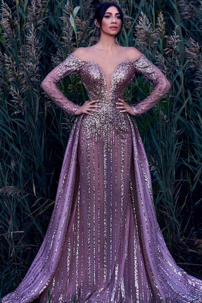 Mnm Couture Pink Sequin Long-sleeve Gown In Purple