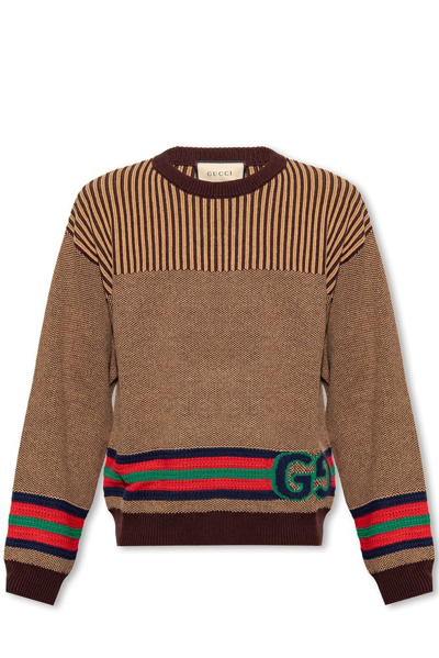 Gucci Cotton Wool Sweater With Gg In Brown
