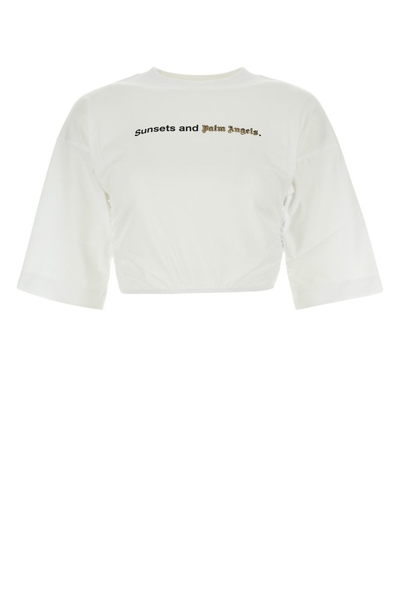 Palm Angels Logo Printed Cropped T In Bianco/nero