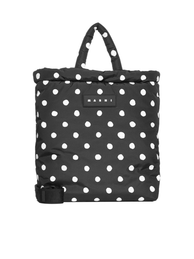 Marni Polka Dots Medium Logo Tote Bag In Black