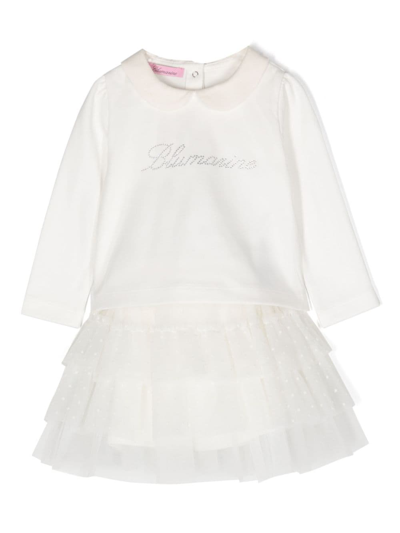 Miss Blumarine Babies' Rhinestone-embellished Tulle Dress In 白色