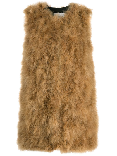 Yves Salomon Sleeveless Feather Silk Coat In Brown