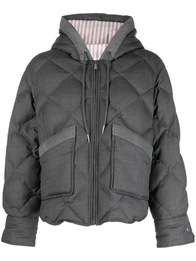 Thom Browne Wool Twill Patch Hooded Pocket Downfilled Down Jacket In Grey