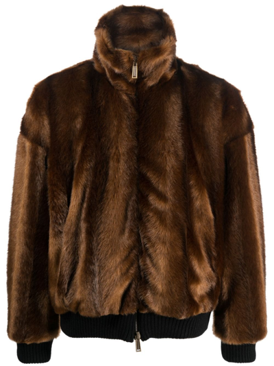Dsquared2 Logo-embossed Faux-fur Jacket In Brown