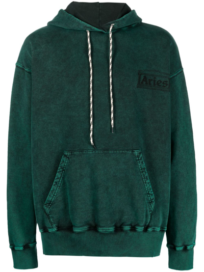 Aries Logo-print Distressed-finish Cotton Hoodie In Green