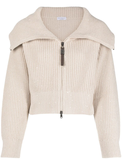 Brunello Cucinelli Cropped Ribbed Cashmere Cardigan In Beige