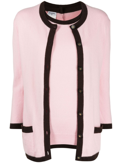 Pre-owned Chanel 1996 Contrasting Trim Cardigan Cashmere Set In Pink