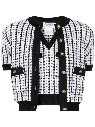 Pre-owned Chanel 1997 Tweed Knitted Top And Cardigan In Black