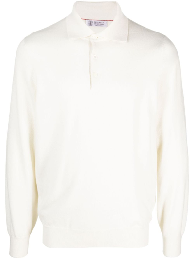Brunello Cucinelli Long-sleeve Cashmere Polo Shirt In White