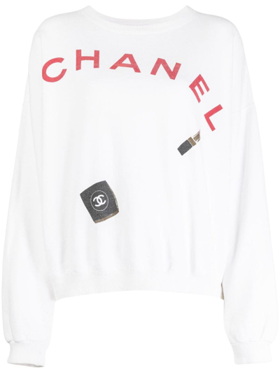 Pre-owned Chanel 1990s Logo-print Cotton Sweatshirt In White