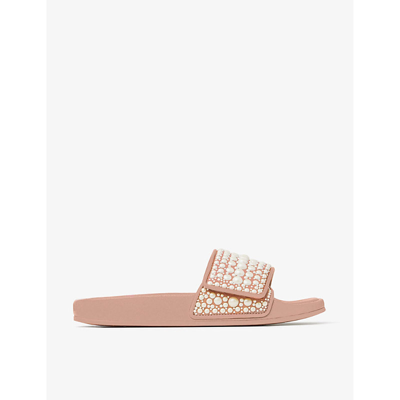 JIMMY CHOO FITZ FAUX-PEARL EMBELLISHED CANVAS AND LEATHER SANDALS