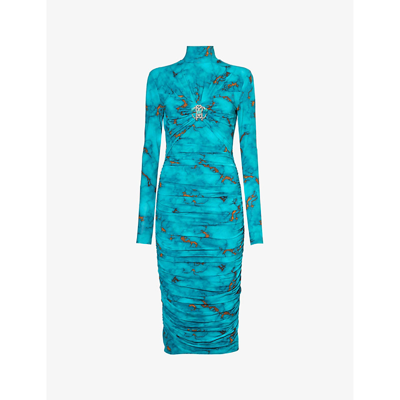 Roberto Cavalli Marble-print Bodycon Midi Dress In Oro Turchese