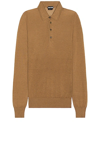Tom Ford Piquet Long Sleeve Polo In Camel