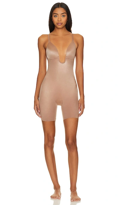 Spanx Suit Your Fancy Open-bust Mid-thigh Bodysuit In Cafe Au Lait