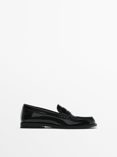 Massimo Dutti Leather Penny Loafers In Black
