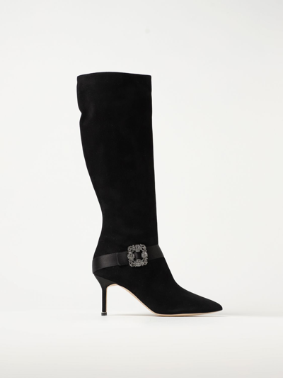 Manolo Blahnik Pliniahi 70 Embellished Satin-trimmed Suede Knee Boots In Black