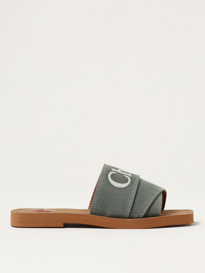 Chloé Woody Slides In Canvas With Embroidered Logo In Forest Green