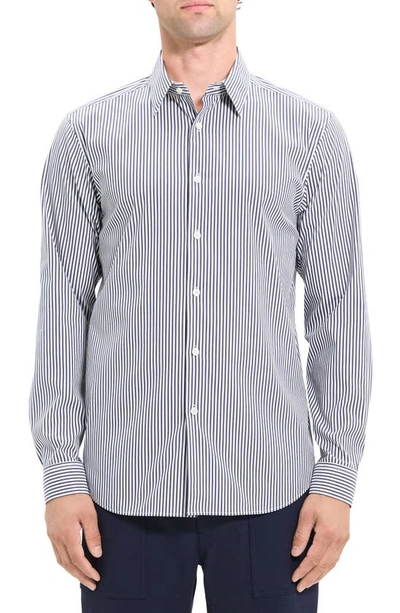 Theory Irving Stripe Stretch Button-up Shirt In Baltic/ White