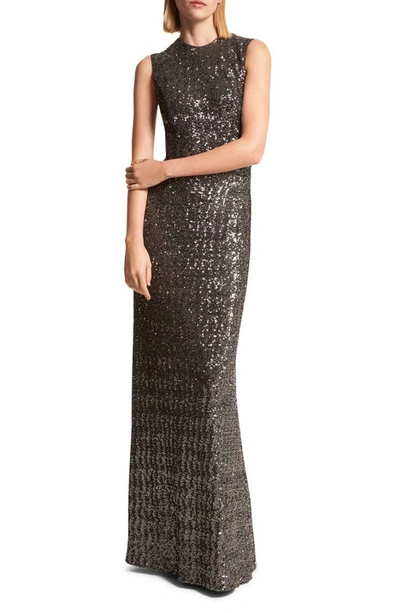 Michael Kors Sleeveless Sequin A-line Gown In Gunmetal