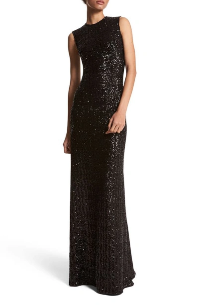 Michael Kors Sleeveless Sequin A-line Gown In Black