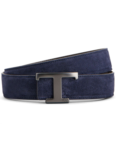 Tod's New T Leather Reversible Belt In Blue